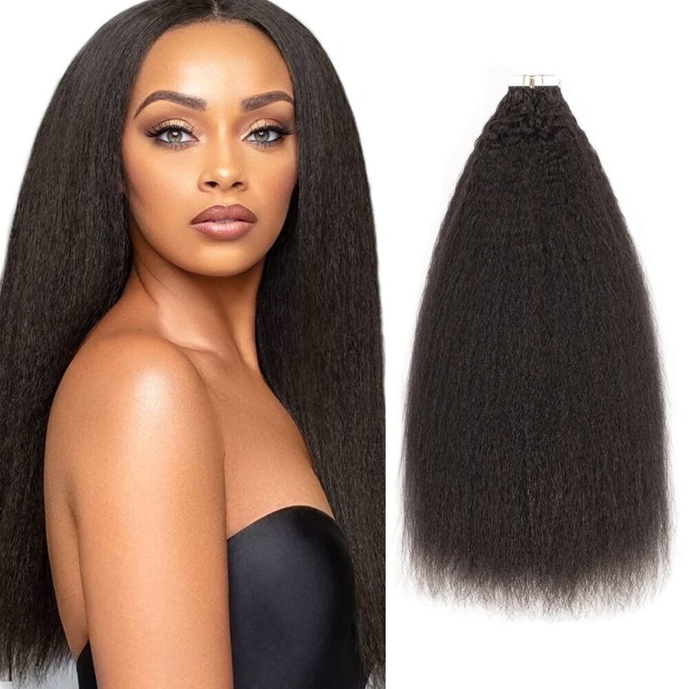 Kinky Straight Human Hair Extensions 22 Inch Remy Virgin Natural Black